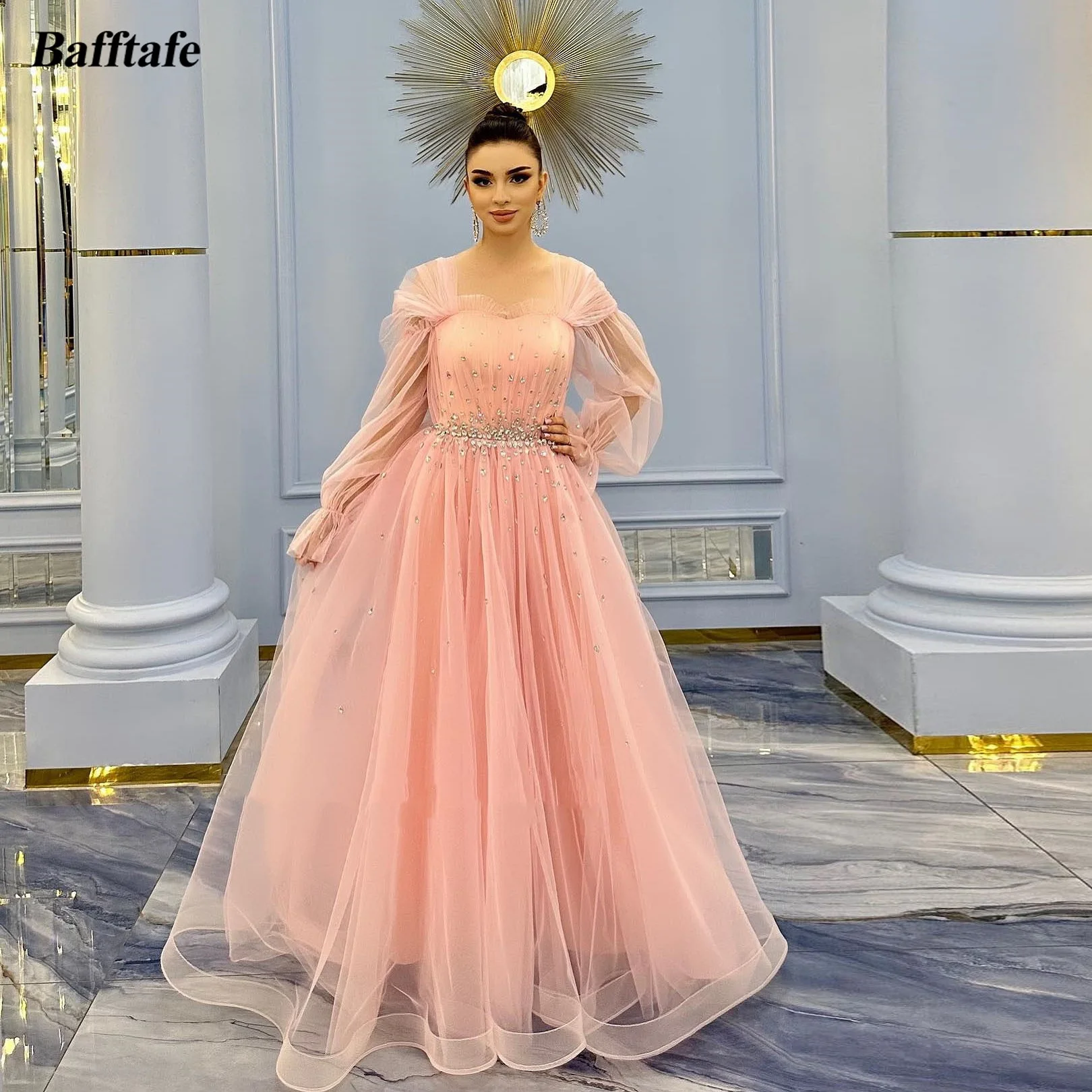 

Bafftafe A Line Puff Long Sleeves Prom Dresses Korea Lady Tulle Crystal Women Evening Dress Formal Party Bridesmaid Gowns 2024