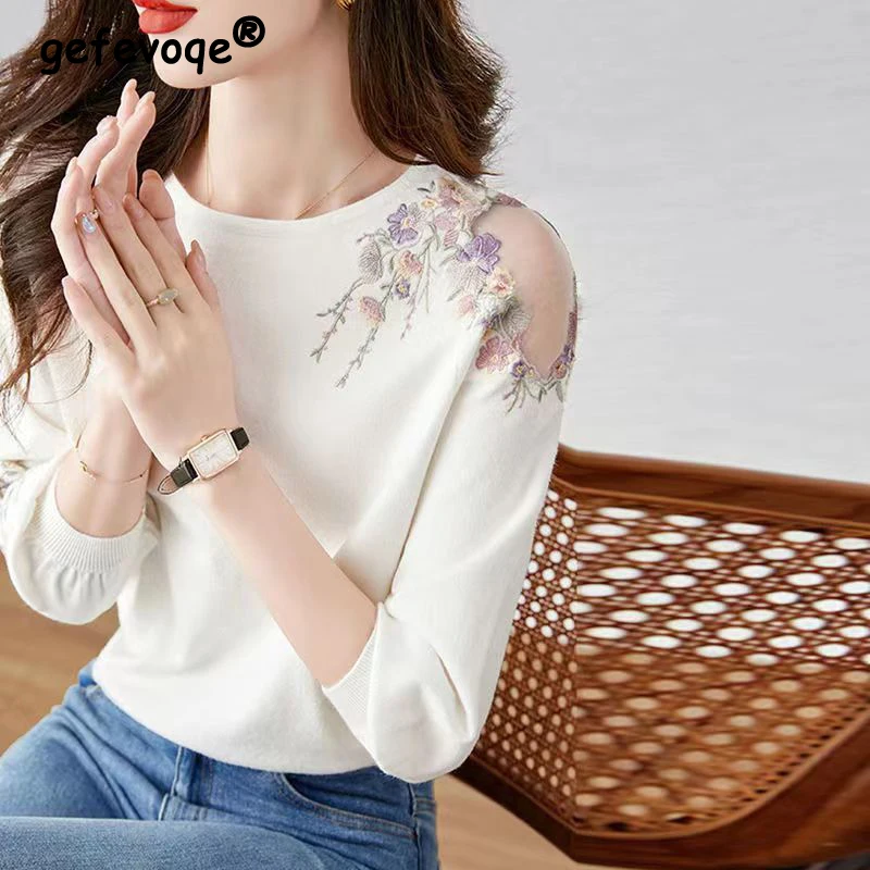 

Women Clothing 2024 Spring Summer Stylish Sexy Hollow Flower Embroidery Knitted T Shirt Elegant Chic Sweet 3/4 Sleeve Slim Tops