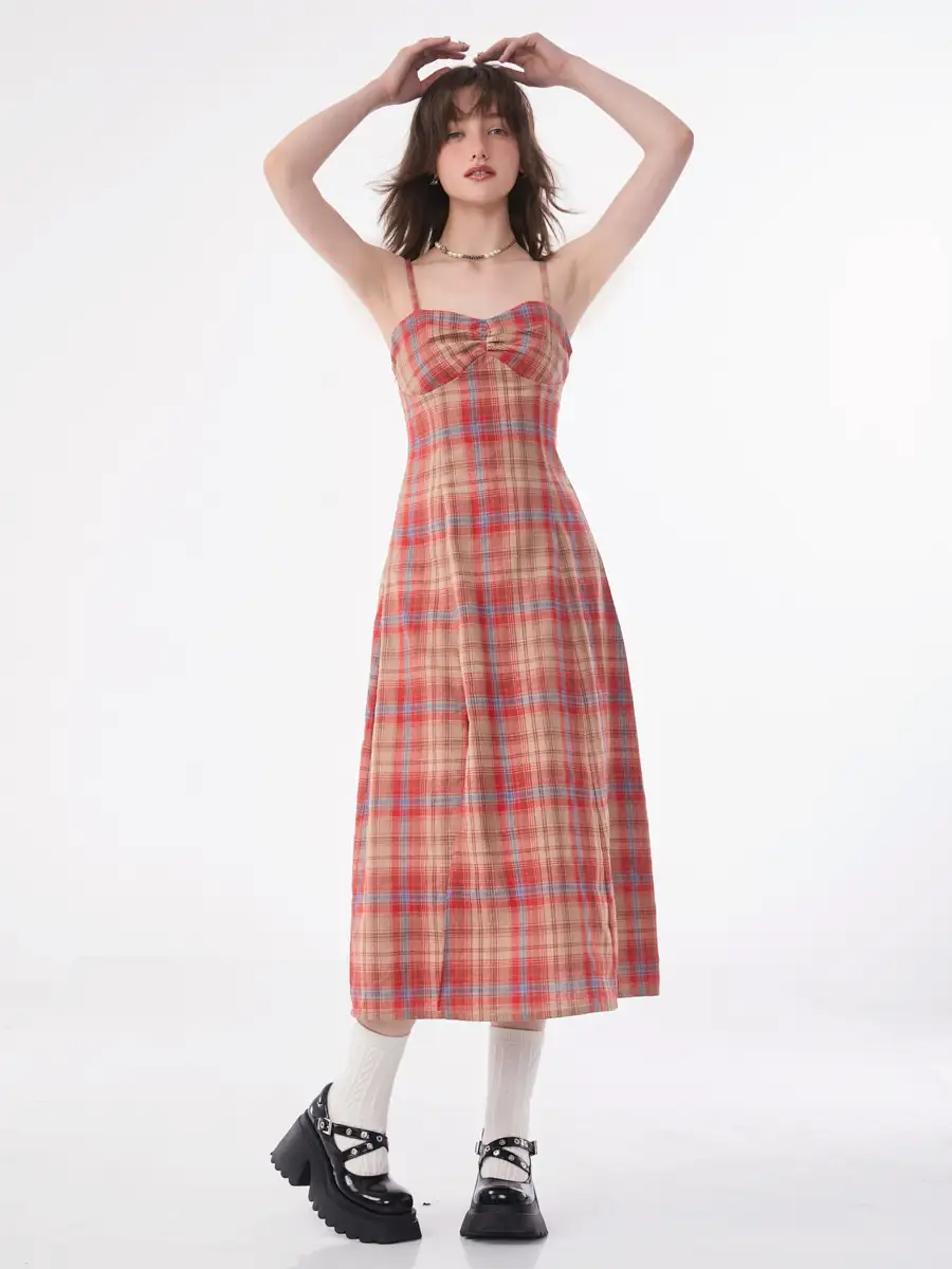 

Summer American retro plaid holiday waist long split suspenders red plaid dress female