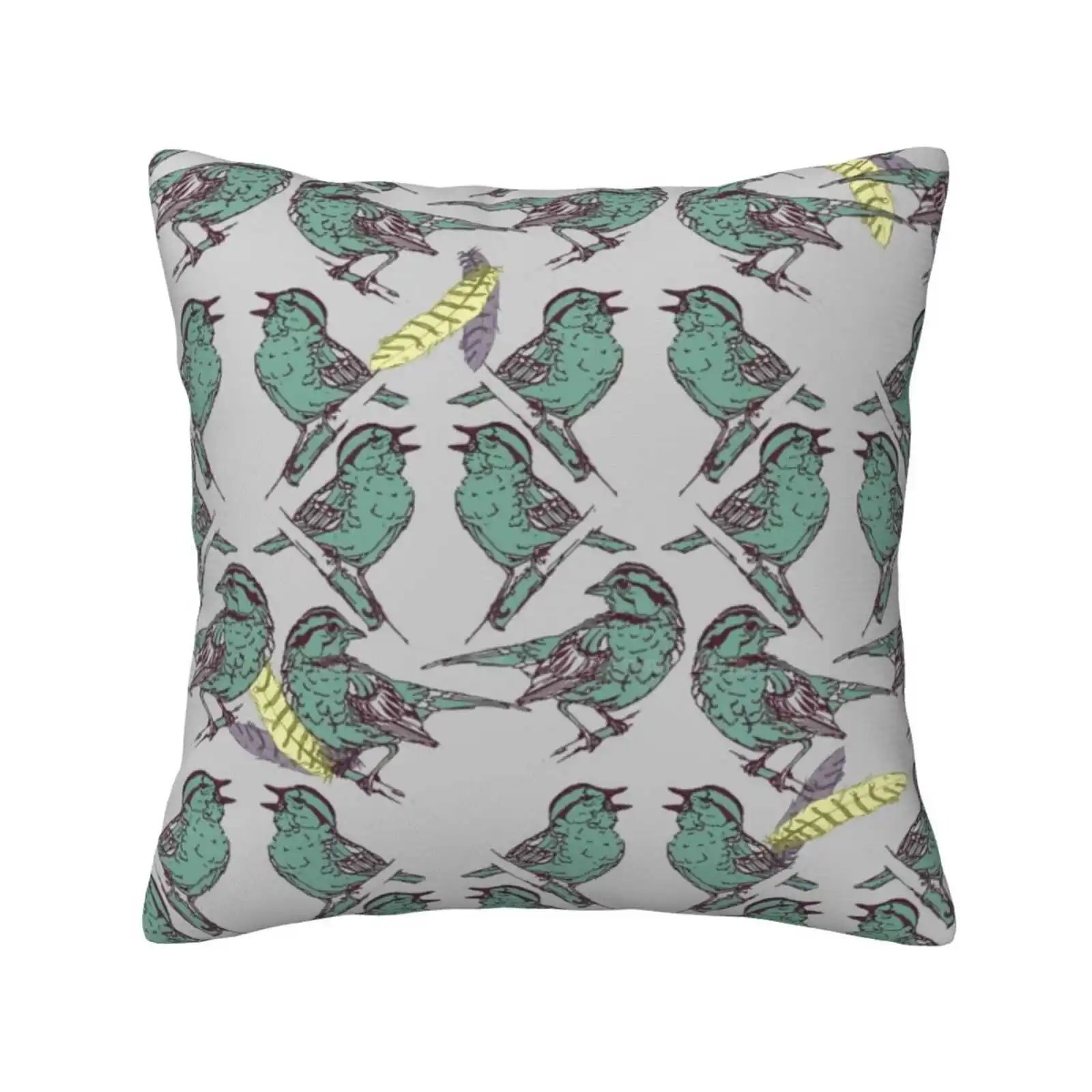 Little Birds Soft Comfortable Pillowcase Mint Blue Green Yellow Purple Grey Birds Sparrows Pattern Feathers