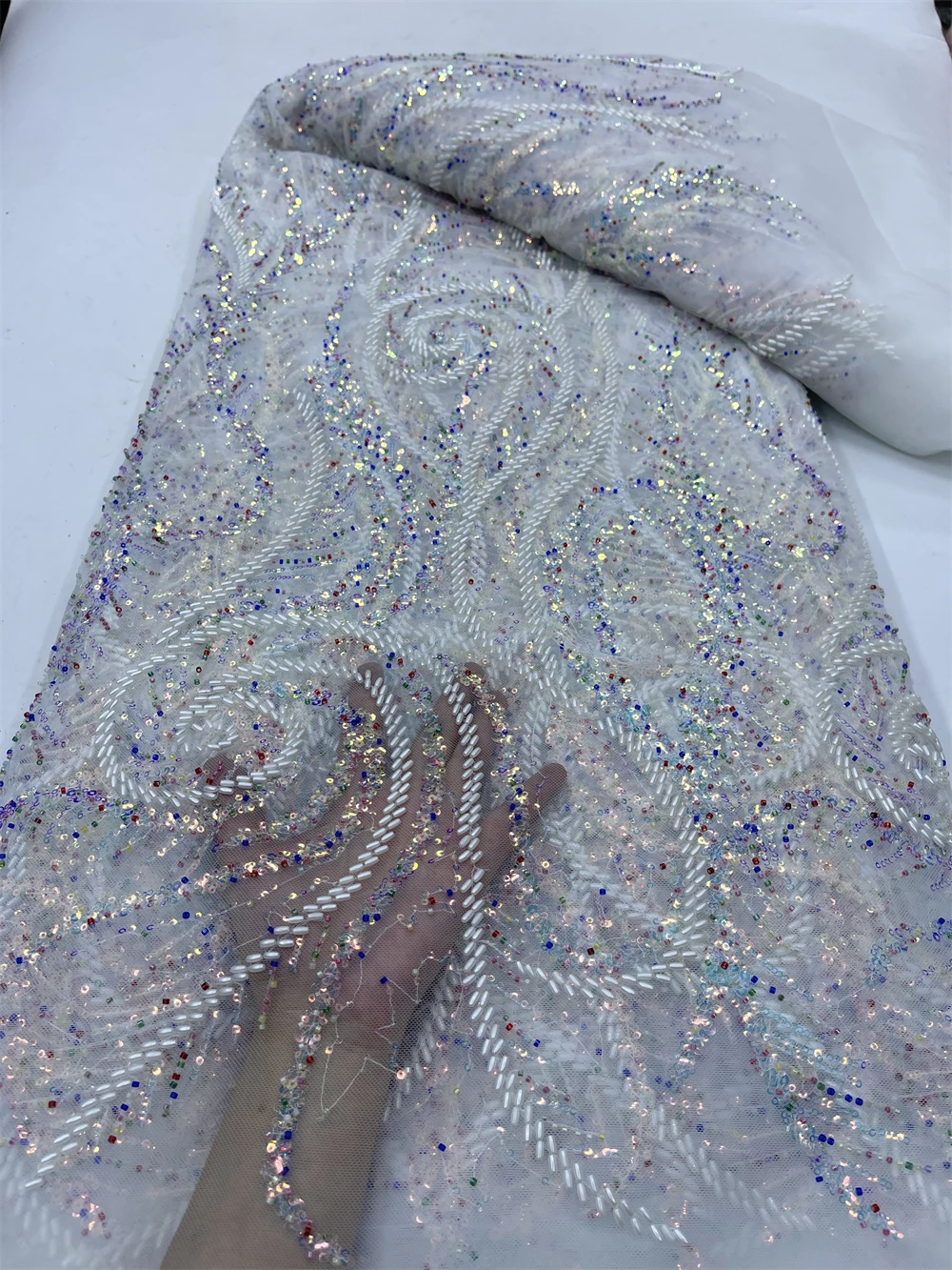 Sewing Net Cloth Beads Stone Prom Dresses Nigerian Sequins Embroidery Tulle Lace Fabric High Quality 5Yards 2024 JY322