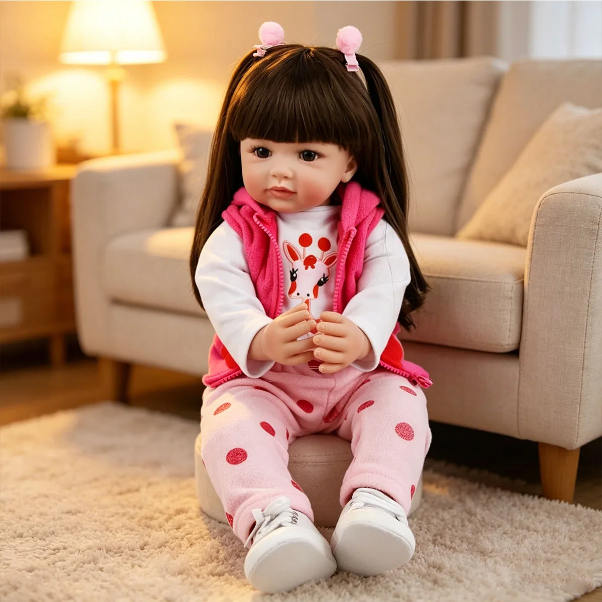 

22 Inch Reborn Baby Doll Girl, Realistic Lifelike Toddler Doll with Pink Giraffe Outfit, Soft Silicone Vinyl Handmade Reborn Dolls, Ideal Gift for Kids & Collectors