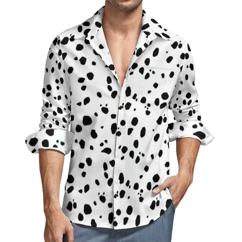 Cute Dalmatian Print Casual Shirt Men\'s Puppy shirt Autumn Fashion shirt Long sleeve top