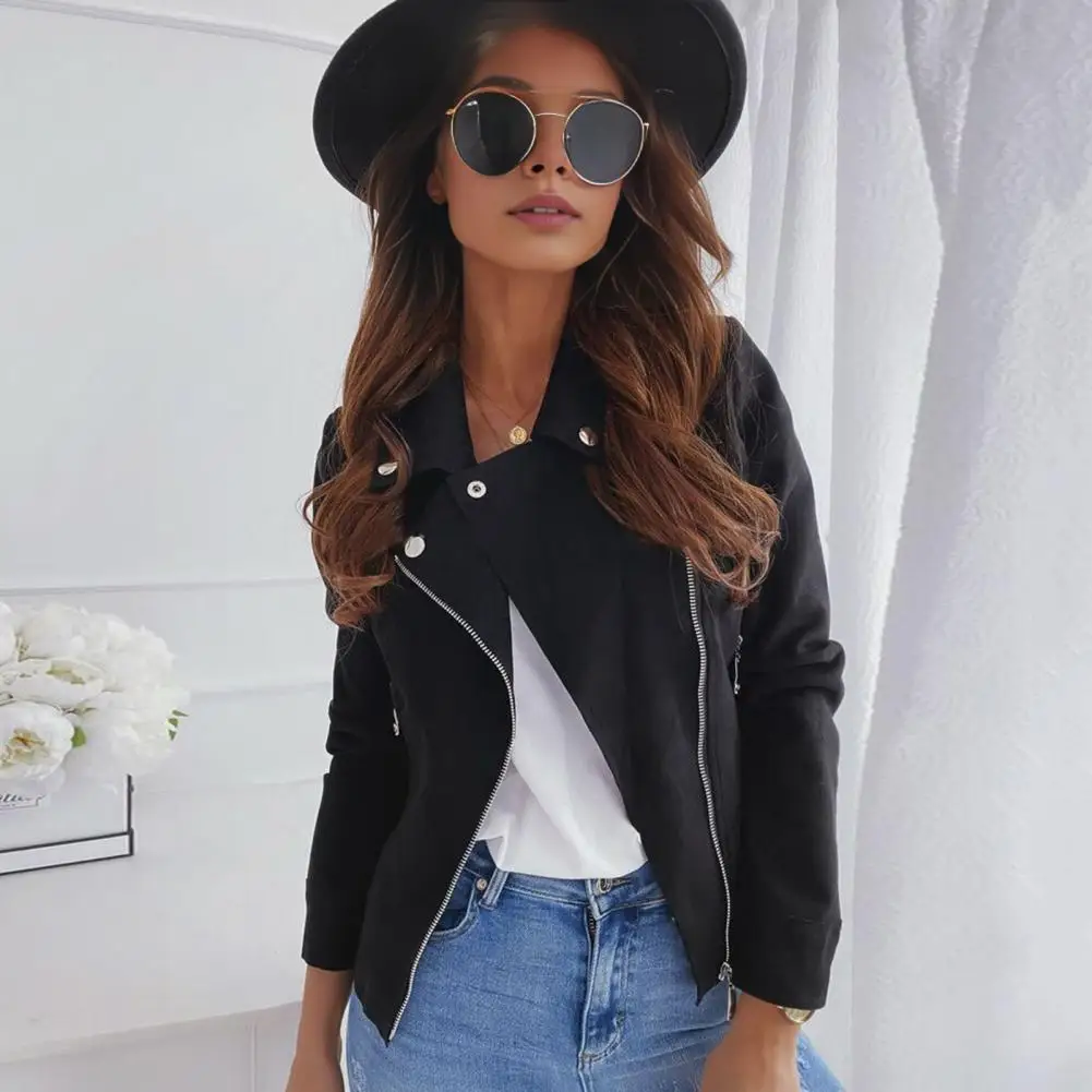 Women Jacket Faux Leather Smooth Surface Turn-down Collar Zipper Closure Long Sleeves Pockets Motorcycle Coat Office Commuting T