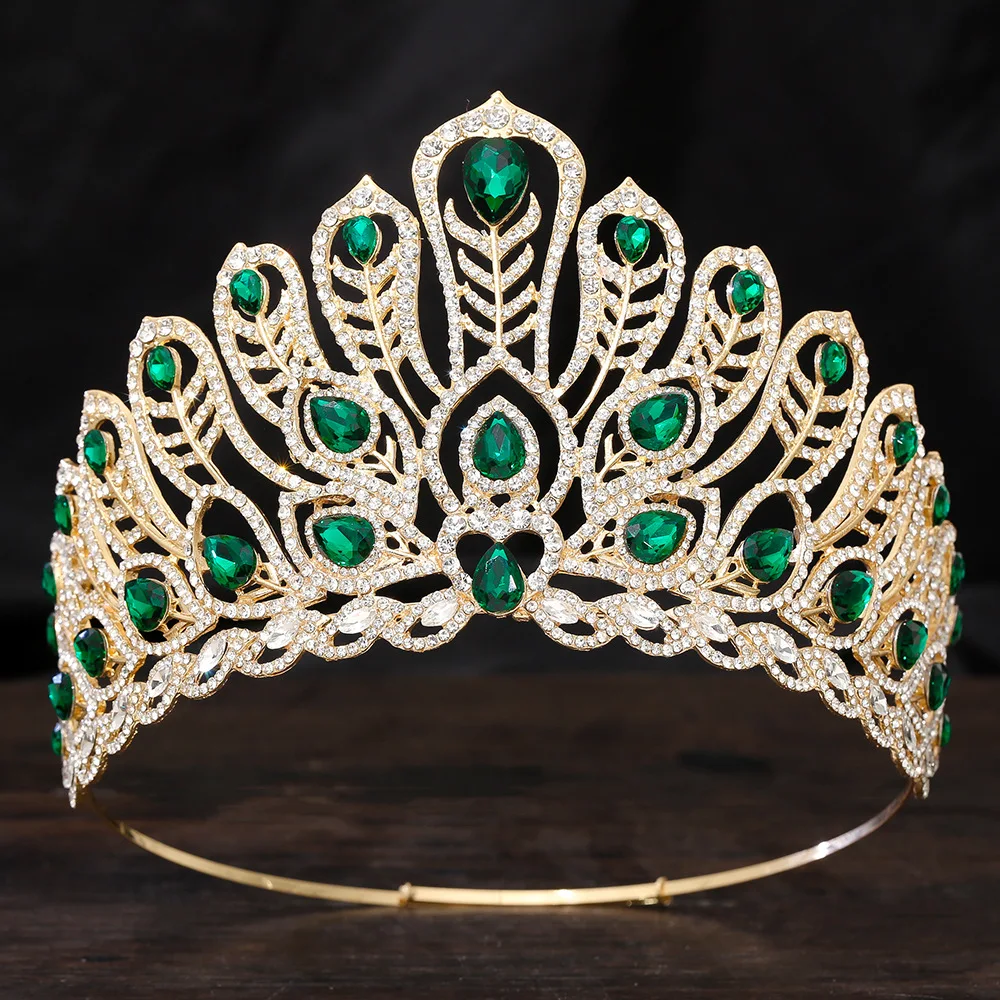 HIMSTORY Luxury Big Forest Crystal Hair Crown Thai Style Peacock Feather Design Party Wedding Stage Show Miss World Headwear