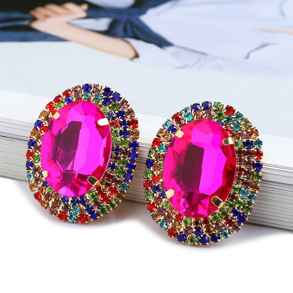 Oval shaped glass gemstone colored crytical edge  jewellery earrings women Vintage elegant stud earings jewelry Decoration