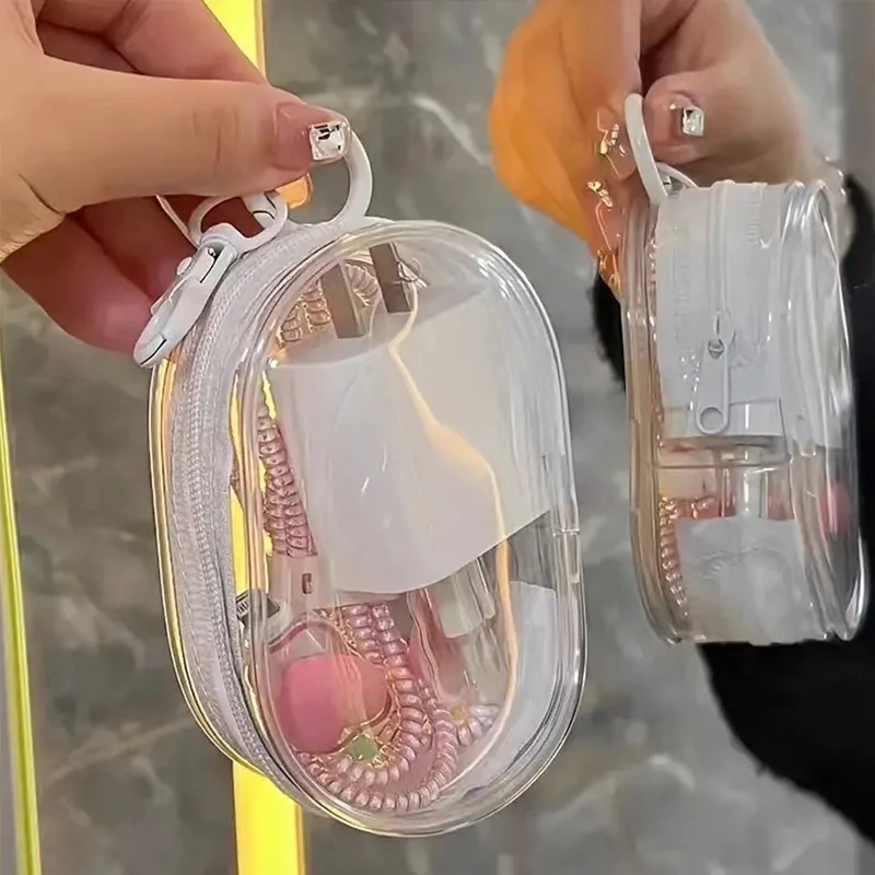 Portable Mini Clear Zipper Storage Bag - Space-Saving Organizer for Earphones & Chargers, Versatile with Handy Keychain Loop