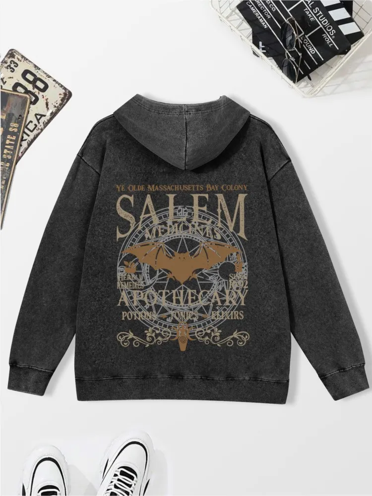 Salem Bat Mens Hoodies Halloween Vintage Washed Hoodie Autumn Cotton Hoody Sweatshirt Loose Comfortable Oversize Streetwear Tops