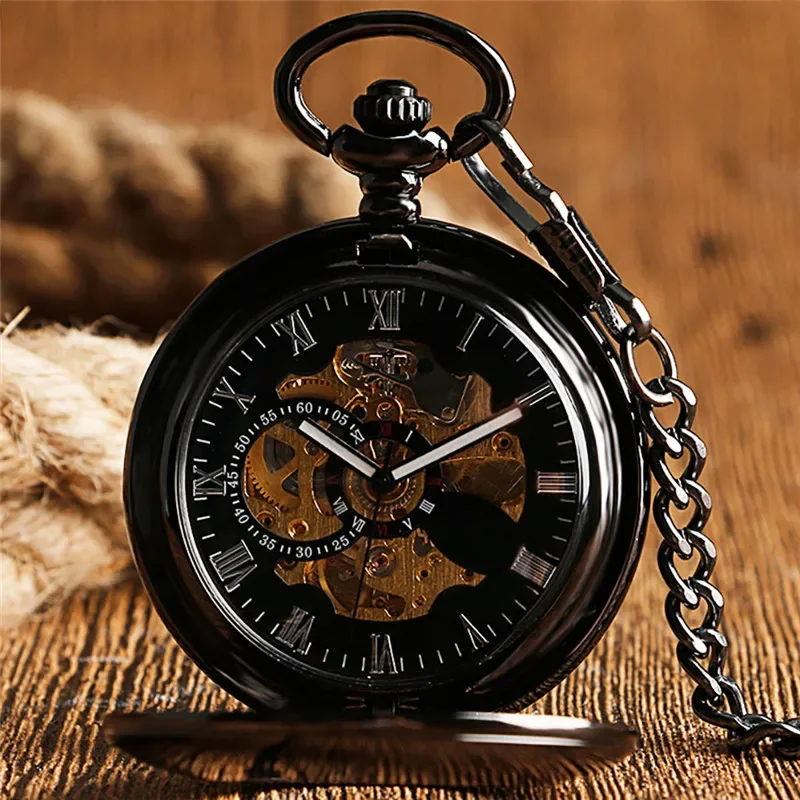 Steampunk Black Pocket Watch Smooth Case Half Hunter Automatic Mechancial Watches with Luminous Hands Pendant Skeleton Chain