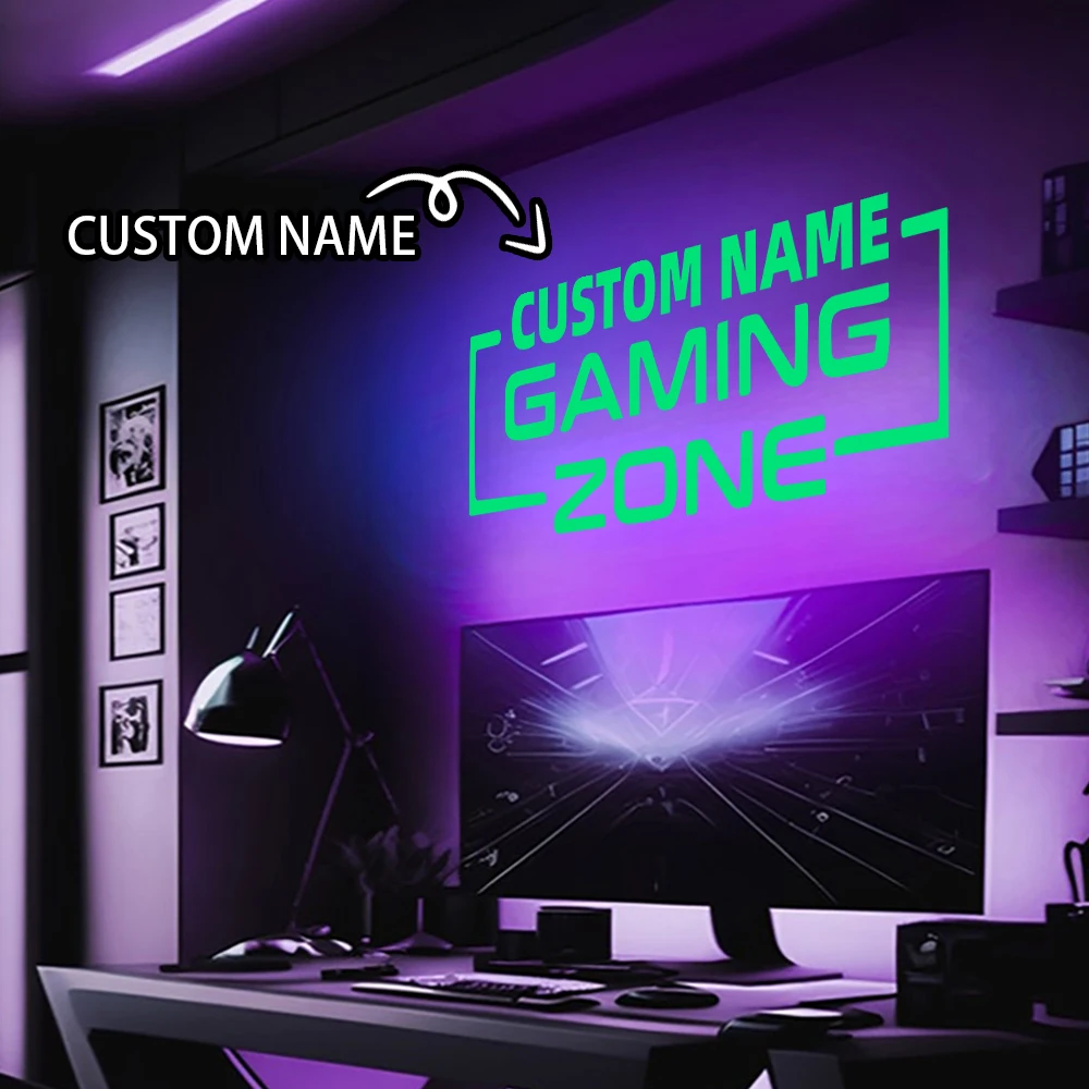 1pc Creative Custom Name Luminous Gaming Zone Wall Decal, Wall Stickers, Living Room Removable Mural for Living Room Bedroom Dec