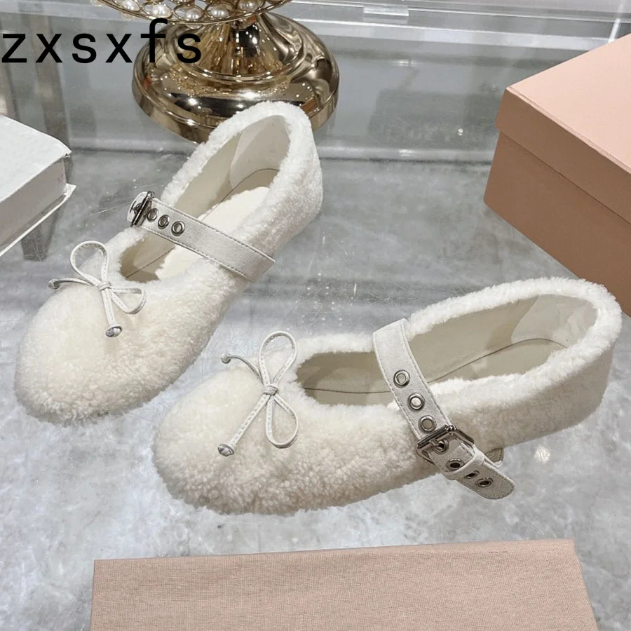 Autumn Wool Doudou Shoes For Women Flat Casual Slip-on Loafers Formal Leather Belt Walk Fur Shoes Bowknot Decor Women's Shoes