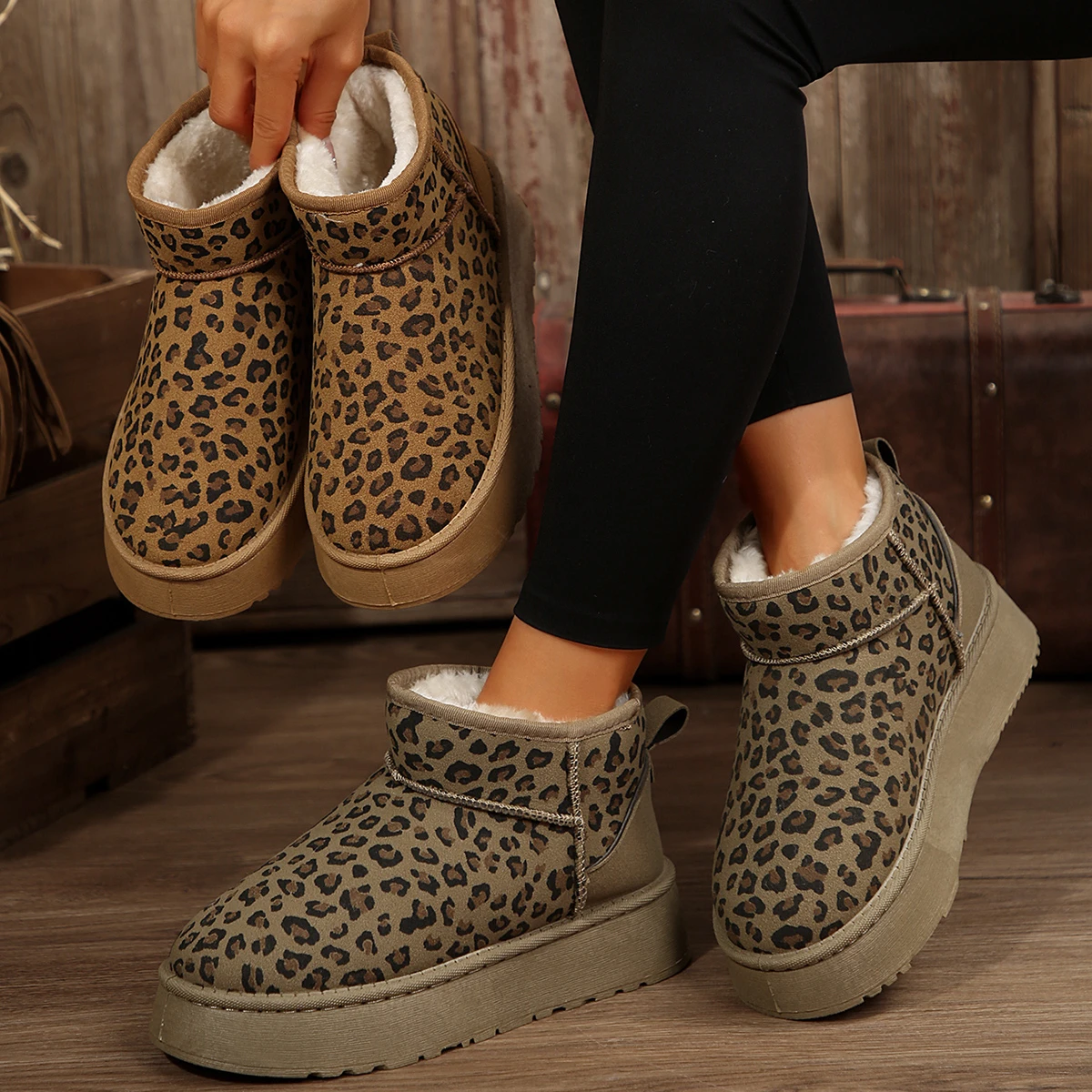 Women's Platform Shoes Winter High Quality Slip-on Snow Boots Leopard Print Daily Boots Hot Sale Round Toe Ankle Boots Women