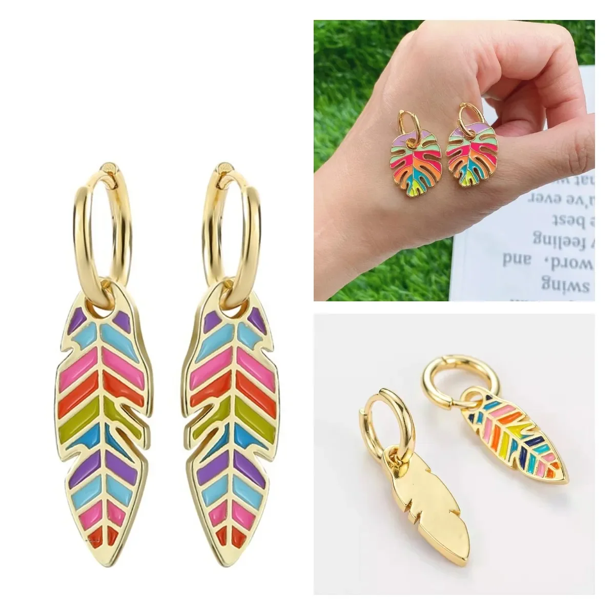 Colorful Enamel Plant Big Leaf Hanging  for Women Boho Long Feather Drop  Statement Fashion Jewelry Pendientes