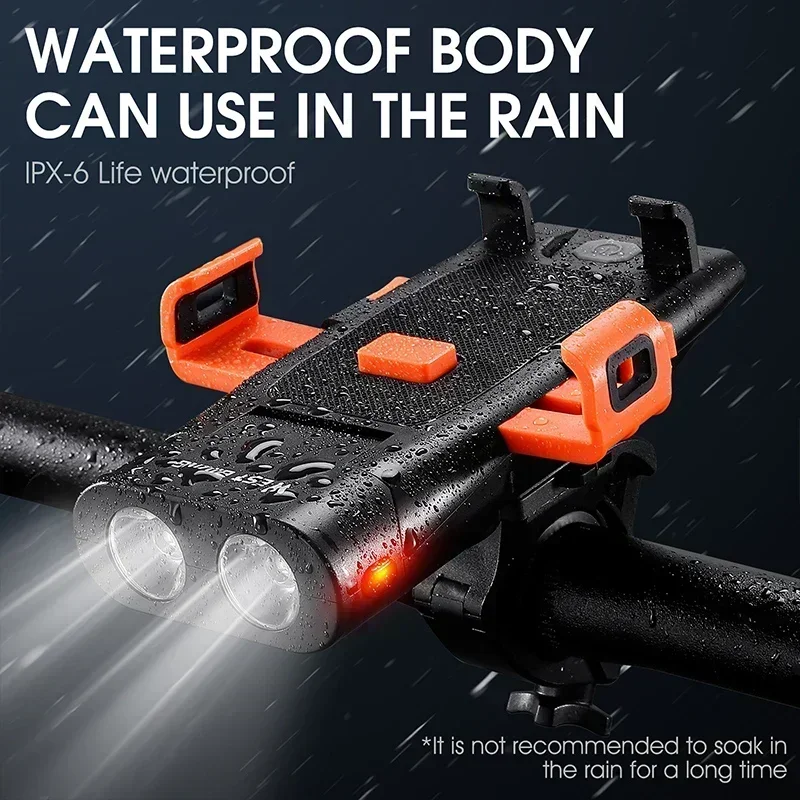 

5 в 1, светодиодный велосипедный фонарь, передний звуковой сигнал, держатель для телефона, колокольчик, внешний аккумулятор, MTB велосипедный фонарик, перезаряжаемый через USB, аксессуары для велоспорта