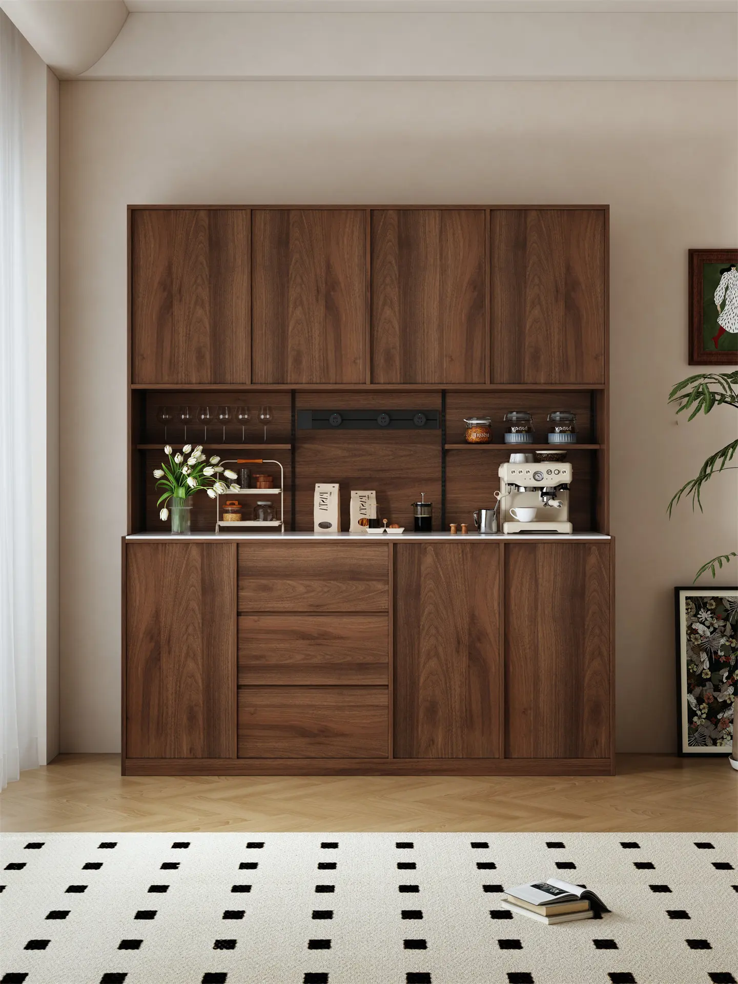 

PYJ solid wood wall integrated multi-layer storage rock slab storage side cabinet