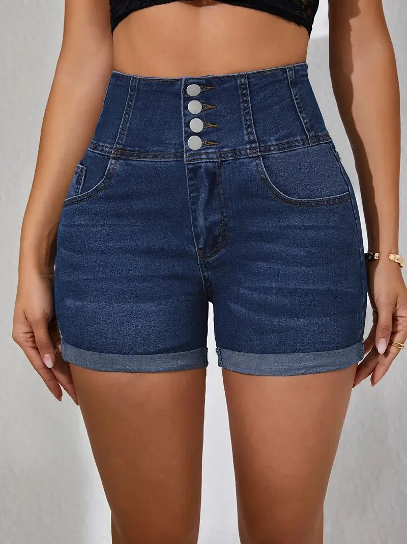 شورت نسائي من قماش الدنيم المطاطي عالي الخصر - تحكم في البطن وتصميم أساور مزدوجة، قيعان عصرية للصيف لملابس العصرية #3