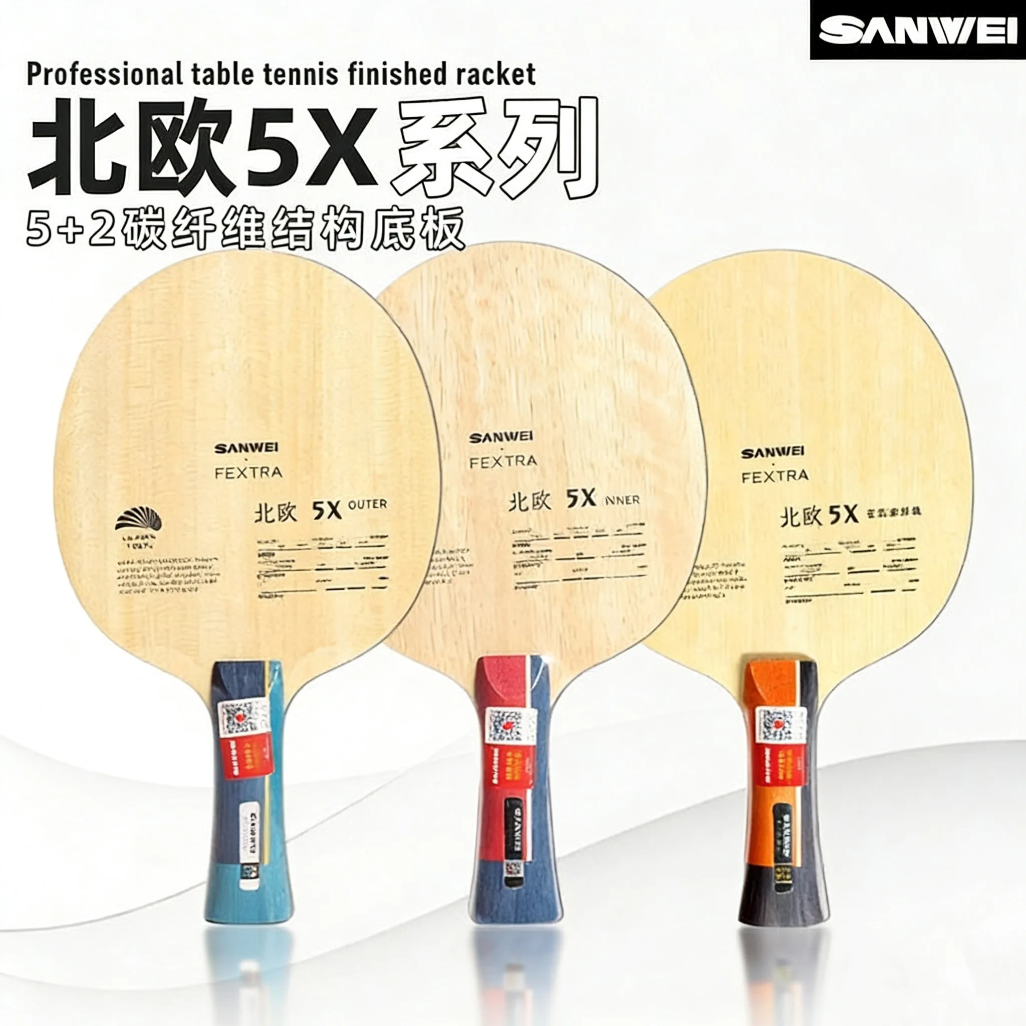 

Набор для настольного тенниса SANWEI FEXTRA 5X: 5 слоев дерева, 2 слоя внутреннего и внешнего карбона, профессиональная ракетка для пинг-понга, сине-желтая, арилат-карбон, базальт.