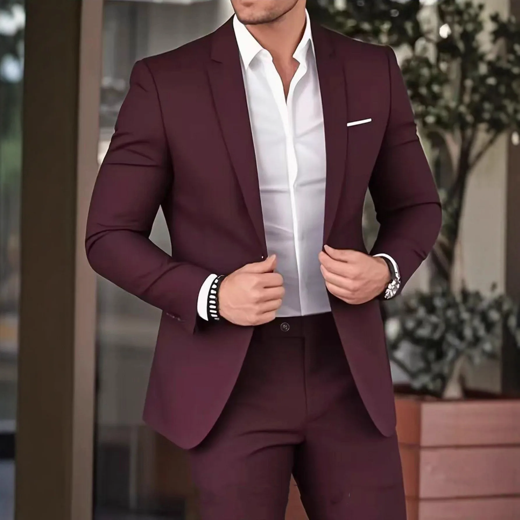 Men 2 Piece Suit Sets Lapel Full Sleeve Blazers One Button Long Pants Banquet Slim Fit Ensemble Party Night Evening Formal 2026