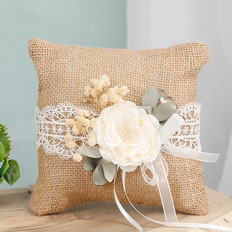 Cesta de flores de lino para boda, soporte de anillo de intercambio, almohada de anillo de novia, 1 unidad