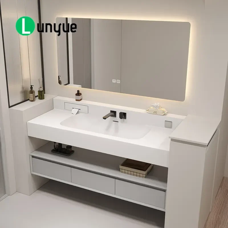 Japanese Style High Back Bathroom Cabinet with DuPont Corian Integrated Basin Wall Mounted Vanity Unit for Modern Washroom