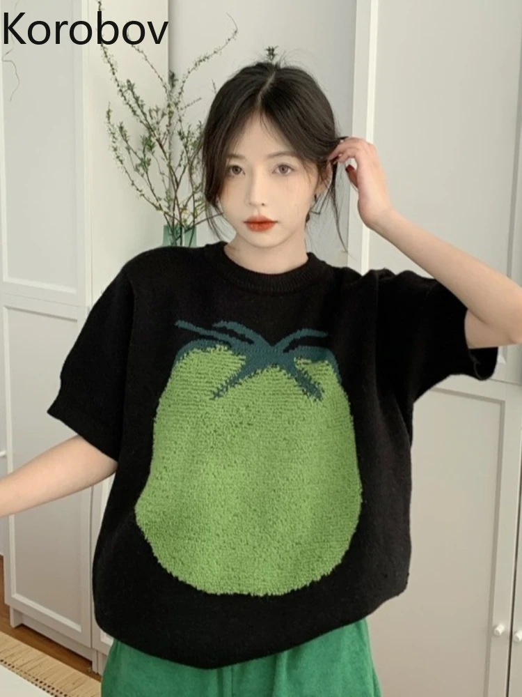 Korobov Korean Y2k Clothes Vintage New knitwears Short Sleeve Crop Tops Black Short Sleeve T-shirts Loose Fashion Camisetas