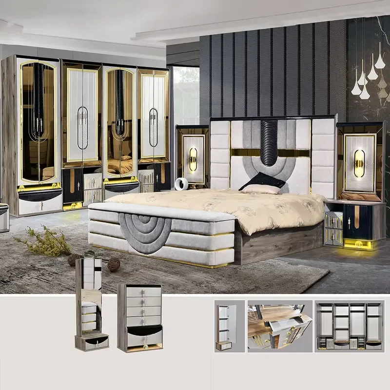 King Bedroom Set Furniture Timber Frame Double Bed Room Full Luxury Home Contemporary Complete Modern Style Decor
