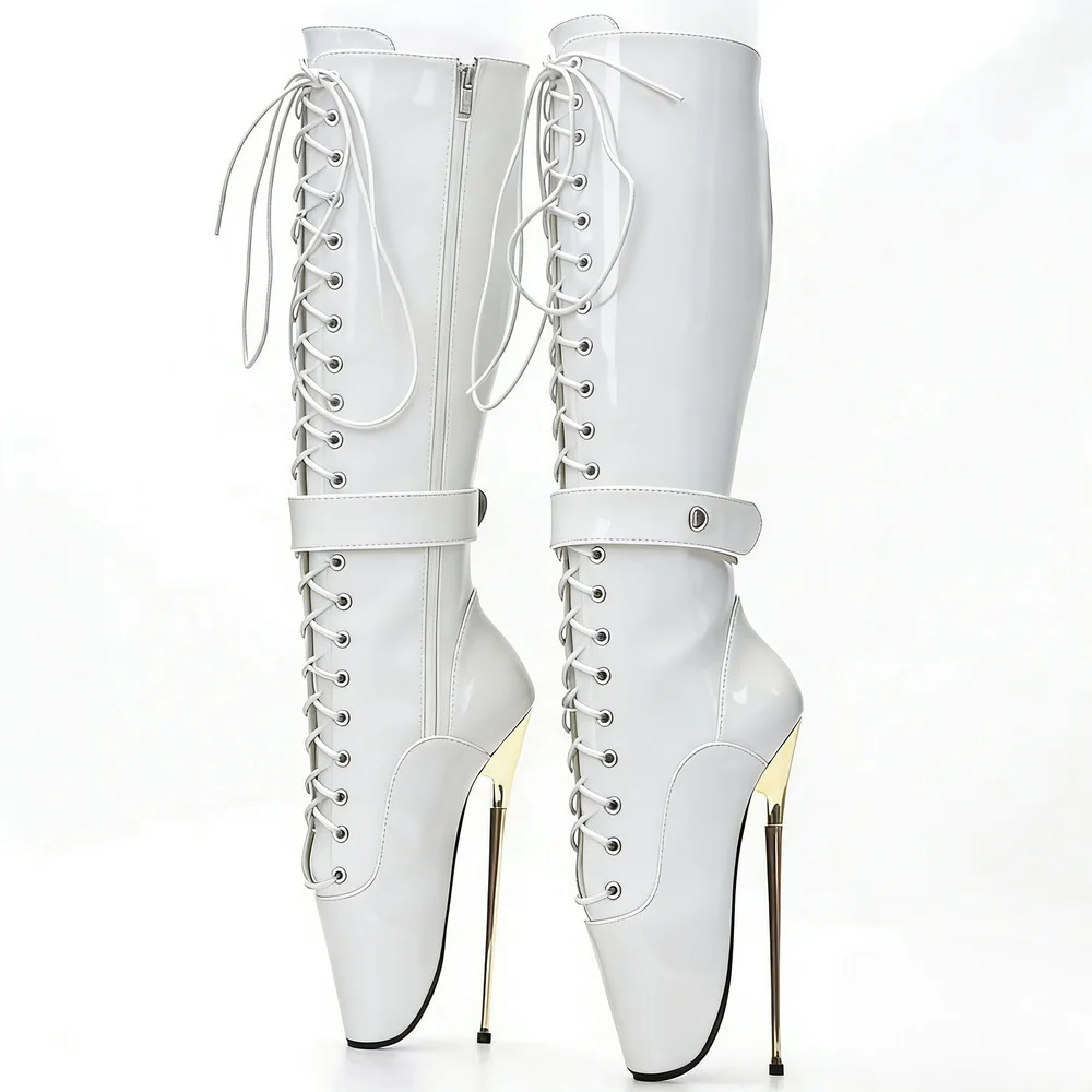 7.87inch Metal Heels Knee High Boots,Fetish Bedsides Cross-dressing Shoes,Patent Leather Botas,Black,White,Red,Custom Colors