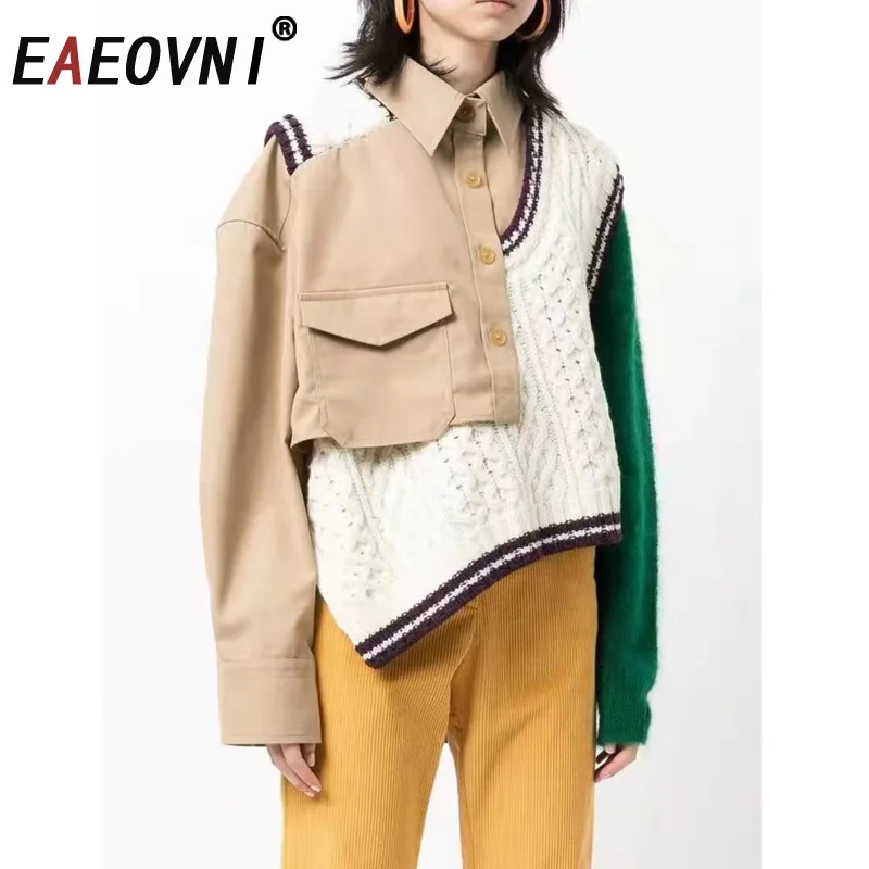 

Женская модная блузка EAEOVNI с контрастными вставками, вязаная, с лацканами, асимметричный дизайн, уличный стиль, повседневная, весна 2026, новинка