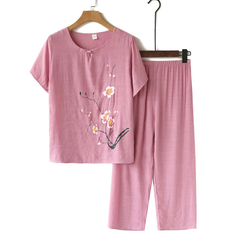 Conjunto pijama de linho de algodão feminino, pijamas soltas, camiseta manga curta, roupa florida, vovó, 2 peças, verão