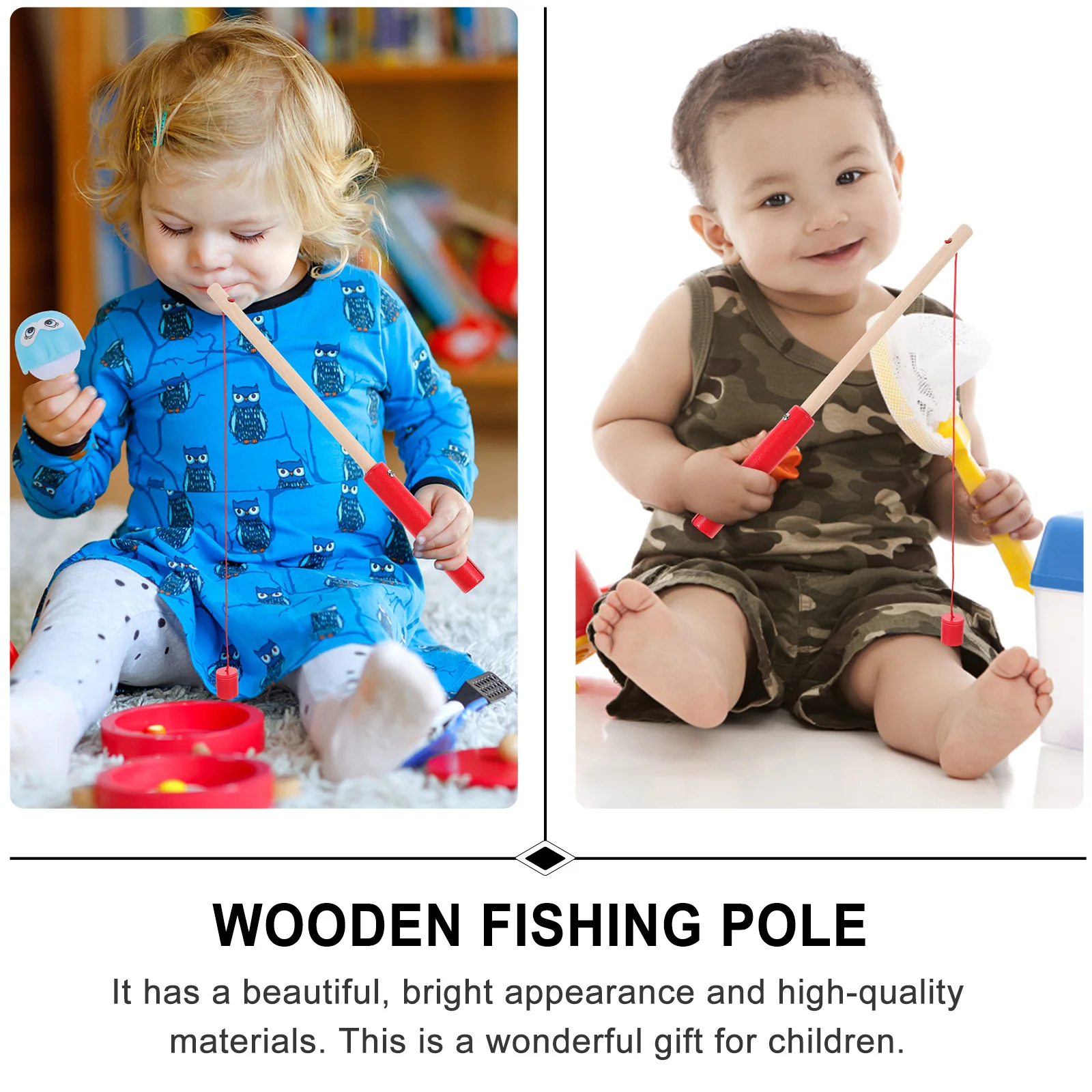 

4Pcs Wooden Fishing Rods Children Fishing Plaything Red Educational Creative Cognitive Early Learning Game Gift