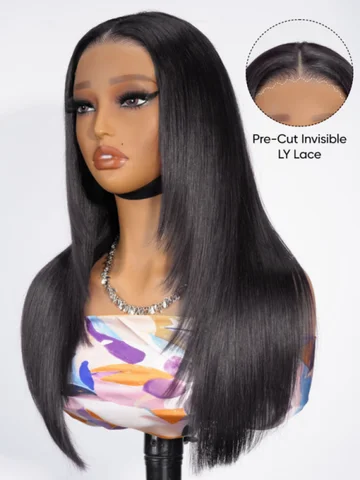 Straight Glueless Wig Human Hair Pre Plucked Pre Bleached Pre Cut Upgrade Invisible Drawstring Wig with Tapes 200 Density Ready
