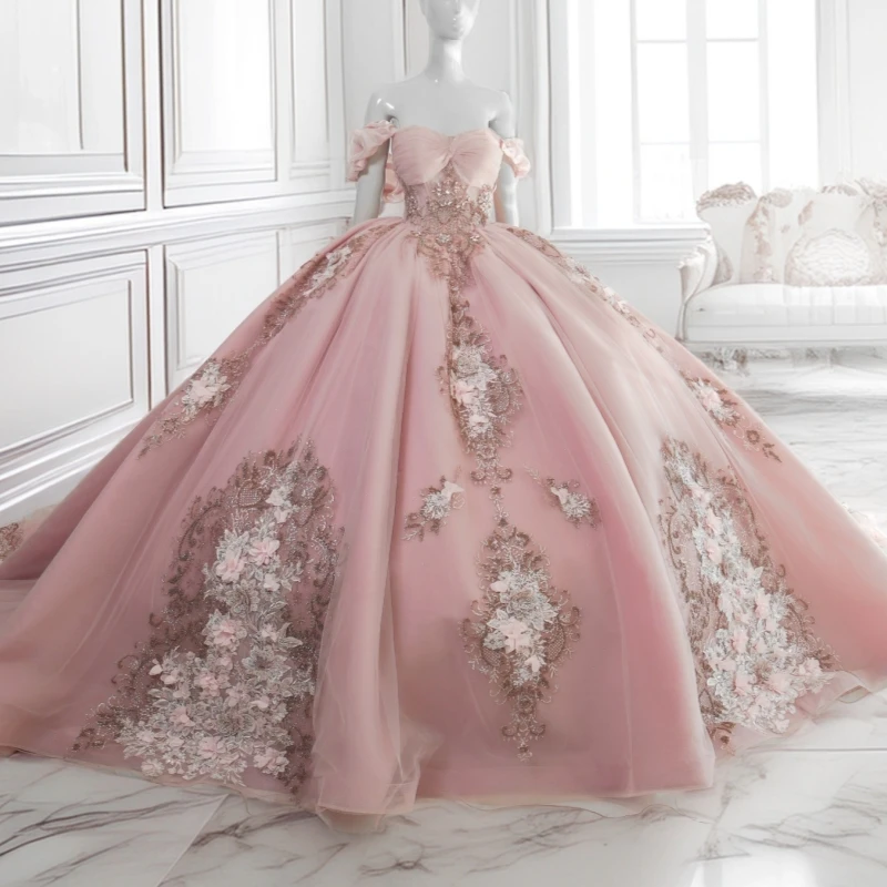 

Pink Shiny Quinceanera Dresses Ball Gown Off The Shoulder Applique Flower Beading Crystal Bow Tull Party Birthday Sweet 16 Dress
