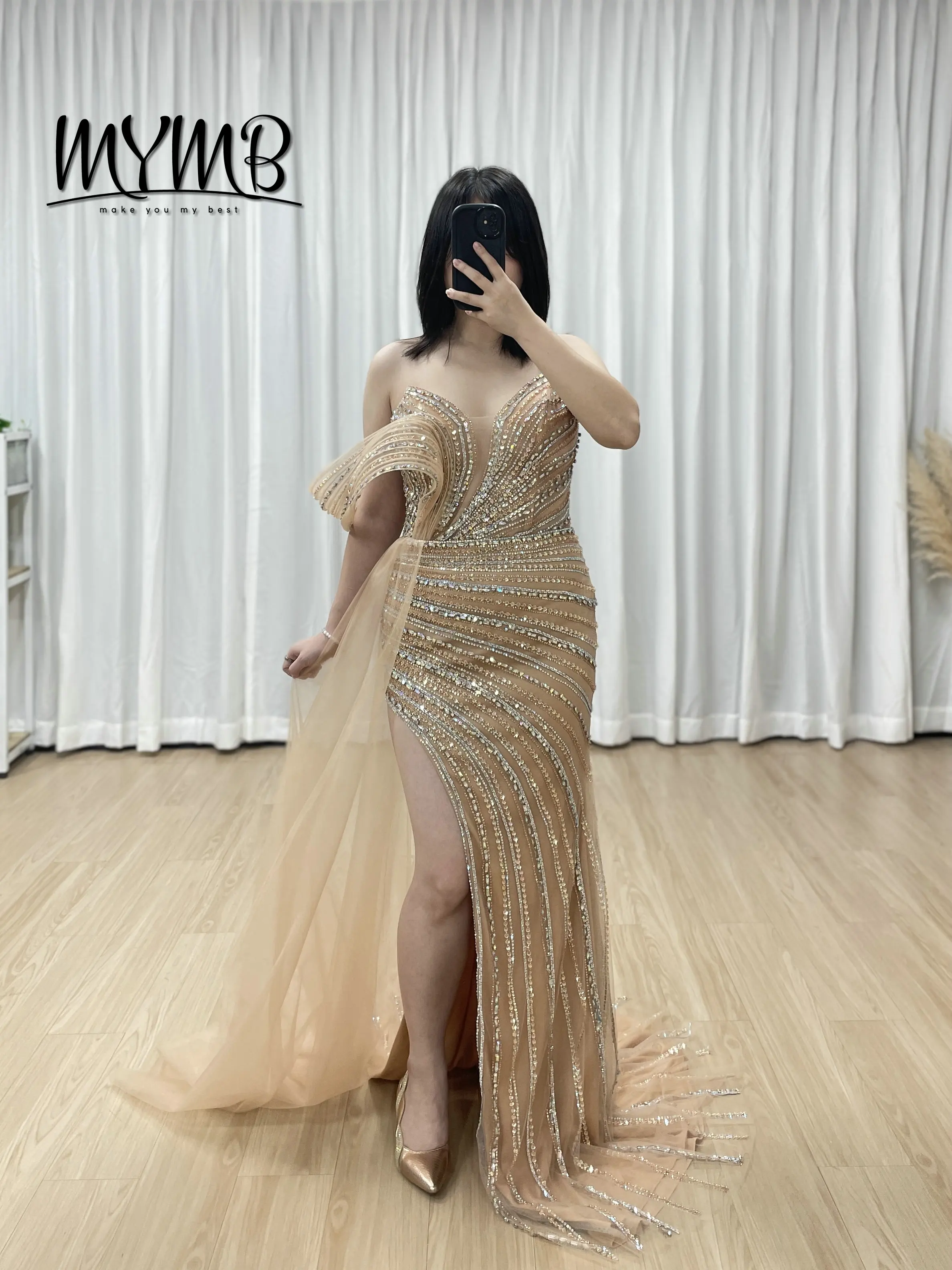 MYMB Elegant Champagne One Shoulder Mermaid Evening Dress With Overskirt Formal Beaded Sequin Party Gown Women Plus Size MC20109