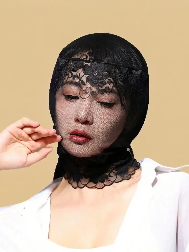 

Elastic Full Cover Head Mask Lace Sheer See Through Unisex Women Man Hood Fashion Patchwork Stocking Style Mask Full Head