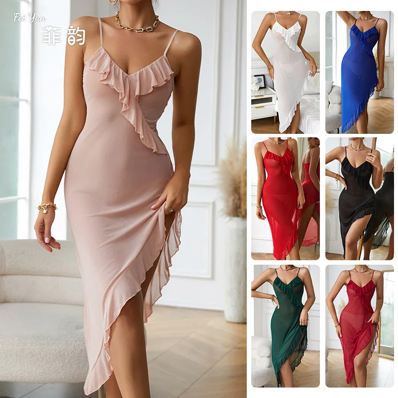 Wholesale Mesh Ruffle Edge Nightgown, Suspender Perspective Irregular Skirt Multi-color Sexy Pajamas Cross-border Supply
