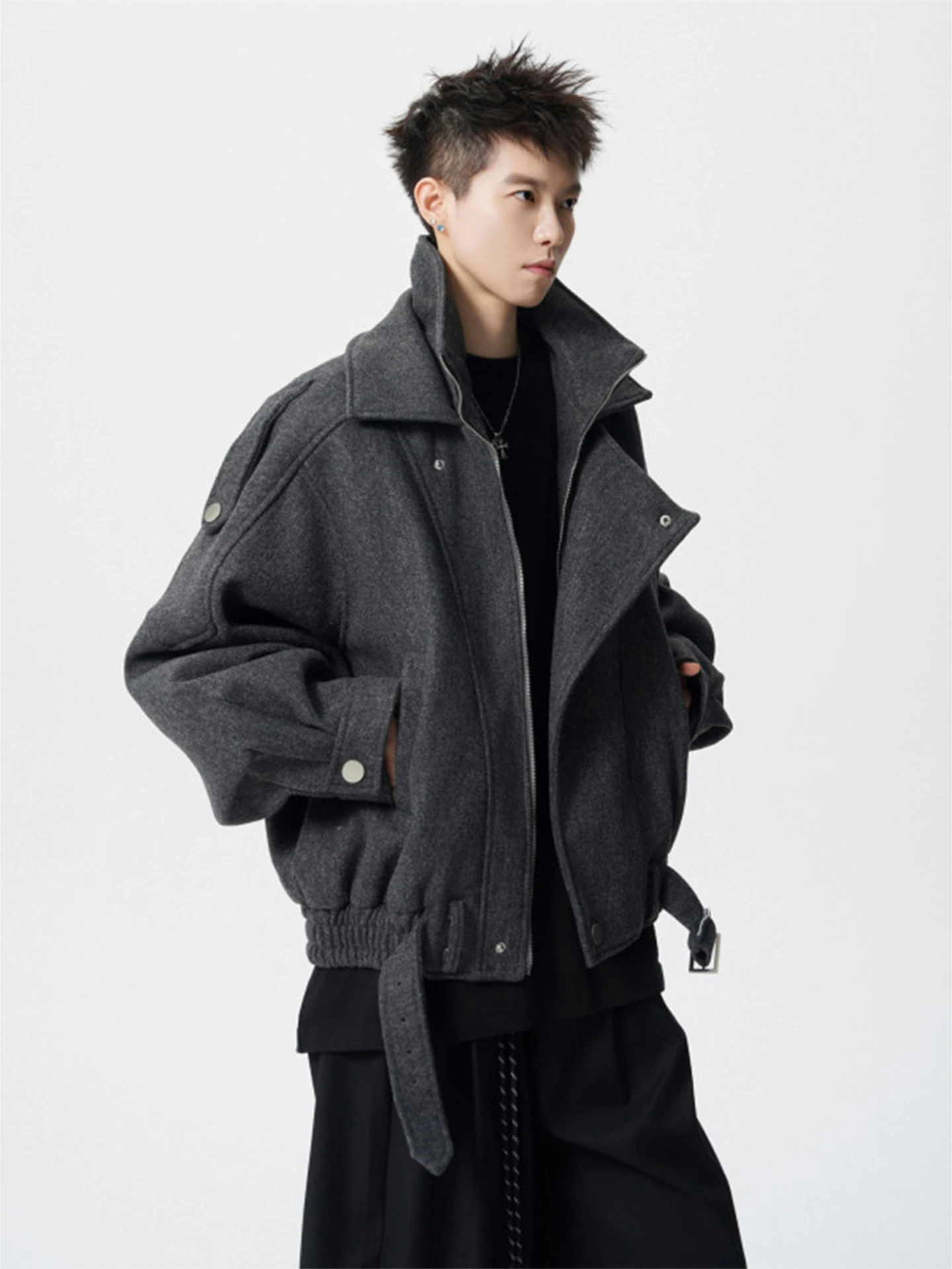 

American Retro Double Layer Collar Fake Two Piece ort Woolen Coat Men's Winter Cotton Warm Loose Stand Collar Cotton Jaet