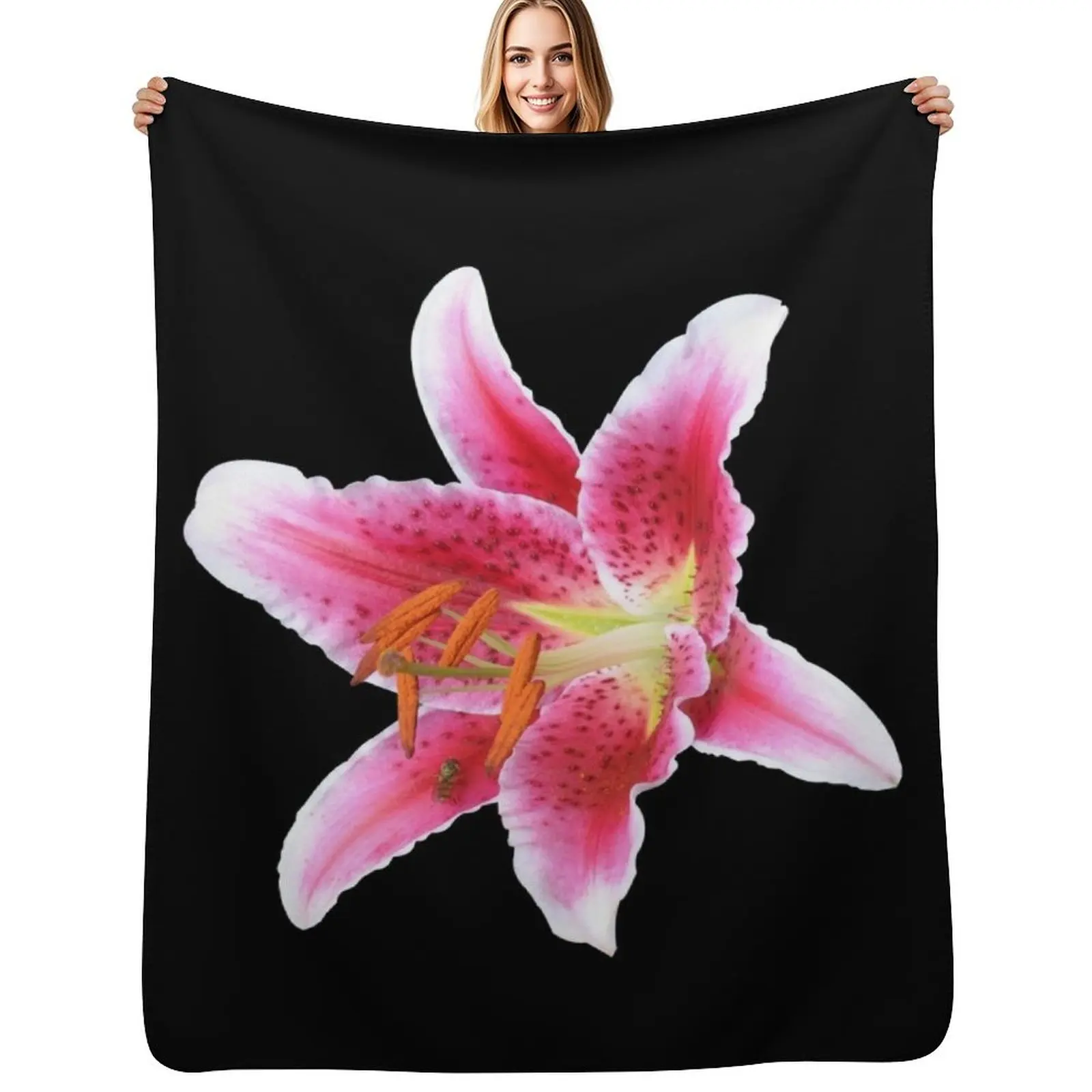 Stargazer lily single flower with mason bee Throw Blanket Soft Plush Blanket as Housewarming Gift
