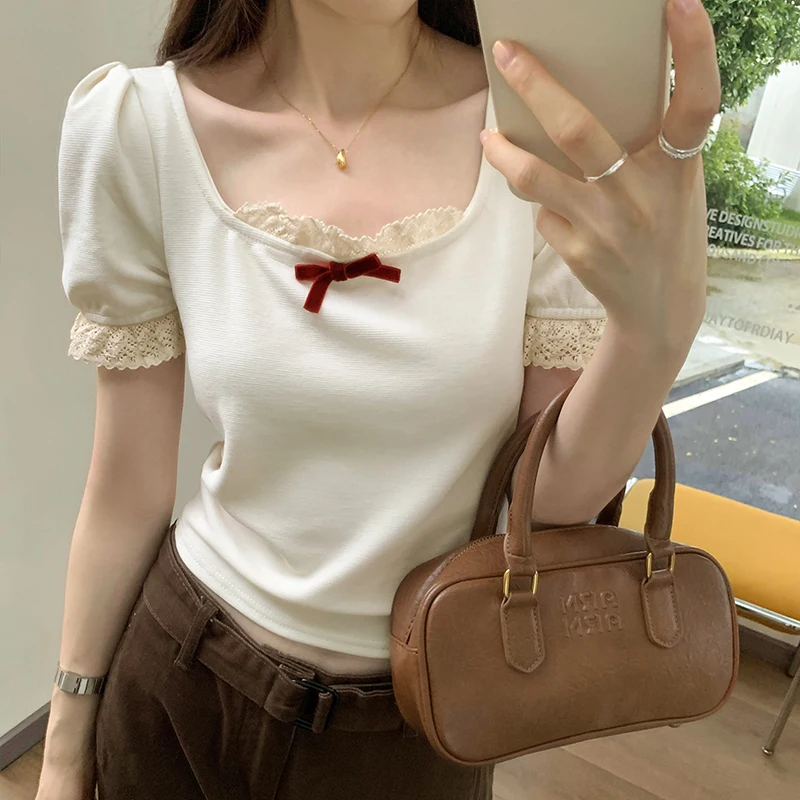 

New Korean Cute Lace Stitching Square Collar T-shirts Women Fashion Bow Summer Short Sleeve Slim T Shirt Woman Casual Short Tops