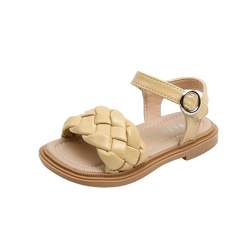 Fashion Design Girls Sandals Summer Children Beach Shoes Girls Open-toed Sandals Soft PU Leather Flat Knitted Sandals For Girl