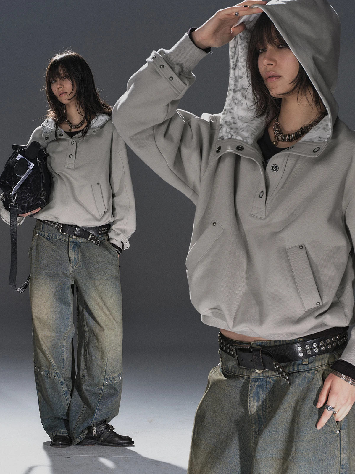 

Loose Fit ortened Splicing Design Sweatirt with Bule Detail And Pouches Punk Sle Student And Youth Suitable Hoodie
