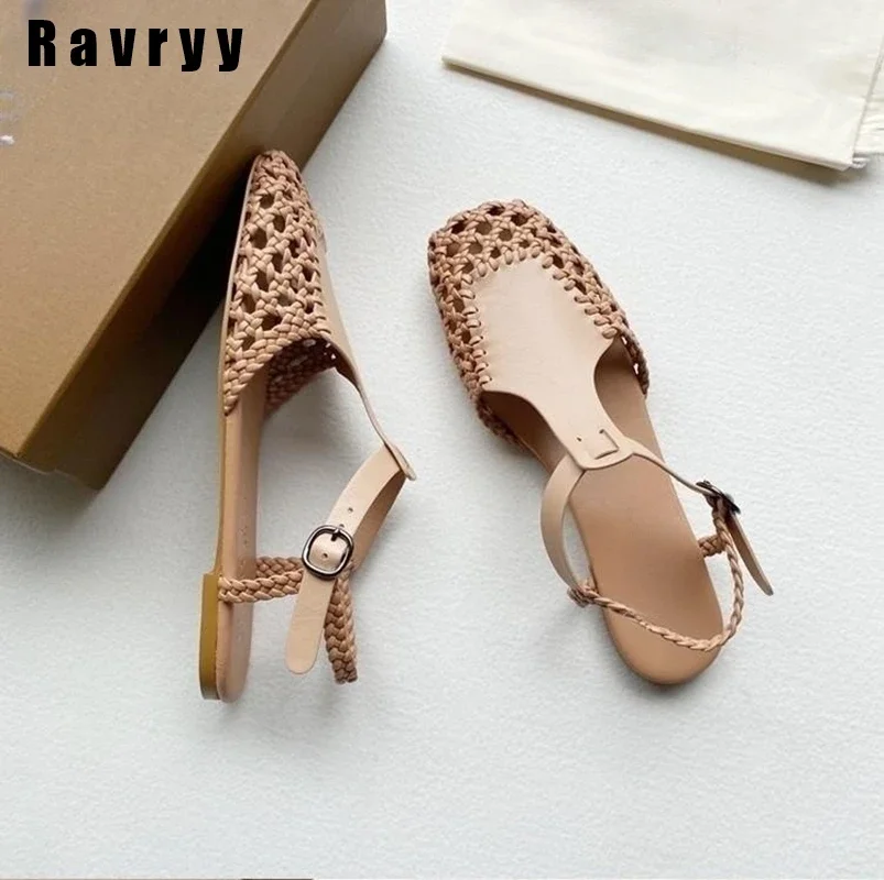 Leather Retro Mary Jane Braided Fisherman Shoes 2023 New Summer Fashion Hollow Roman Shoes Square Toe Breathable Buckle Sandals