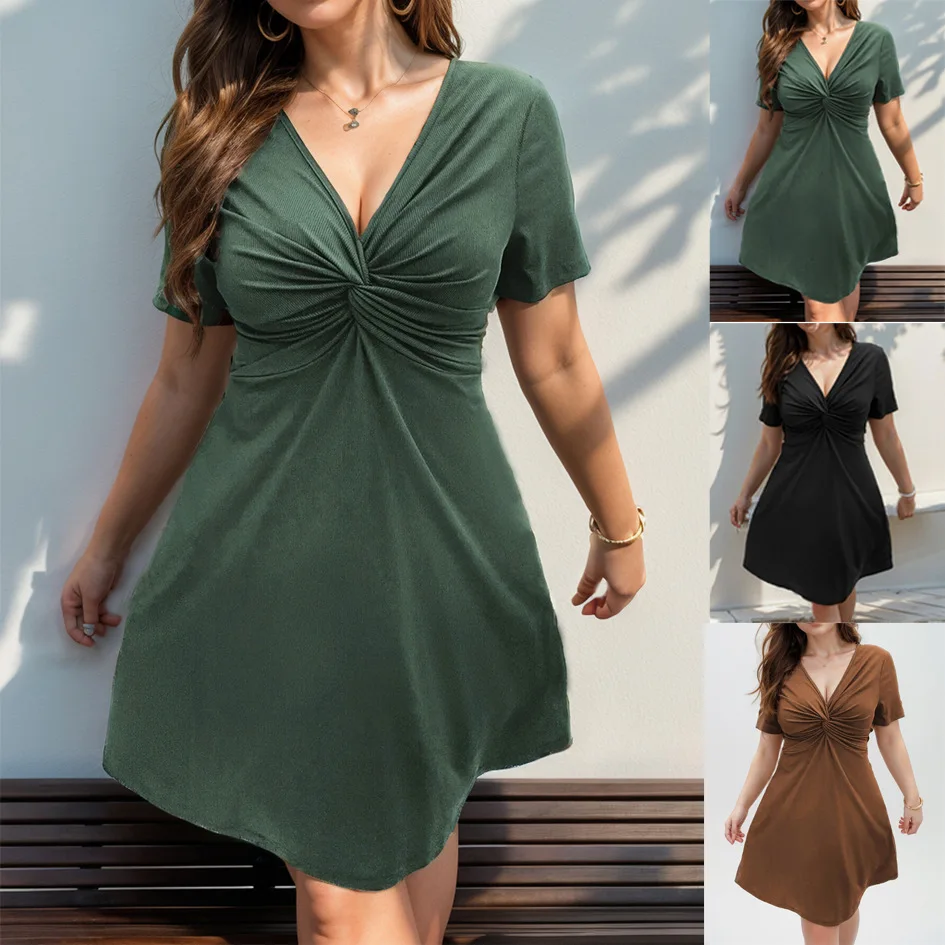 2023 frühling Einfarbig Große Größe Gestrickte Kleid Frauen Kausalen V-ausschnitt Kurzarm Pullover Frauen Kleid Slim Fit Übergroßen Schlank