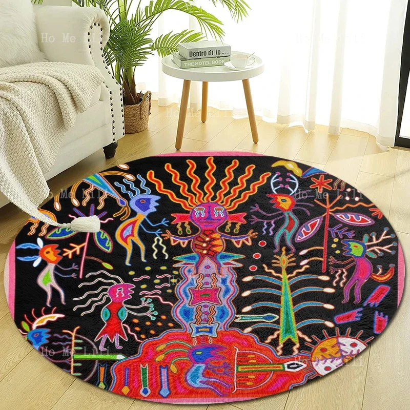 Nierika, Huichol Yarn Picture Depicts The World Of The Gods Floor Round Carpet Room Decoration