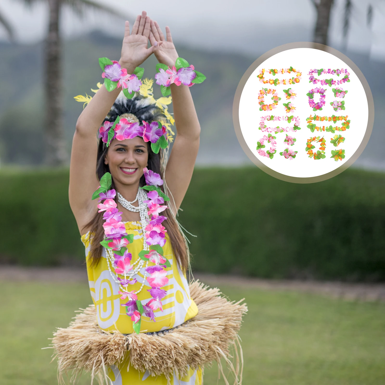 

4 Sets Flower Headpiece Hair Decor Hawaii Wedding Prom Girls Wristb Bright Color Lightweight Cloth Material