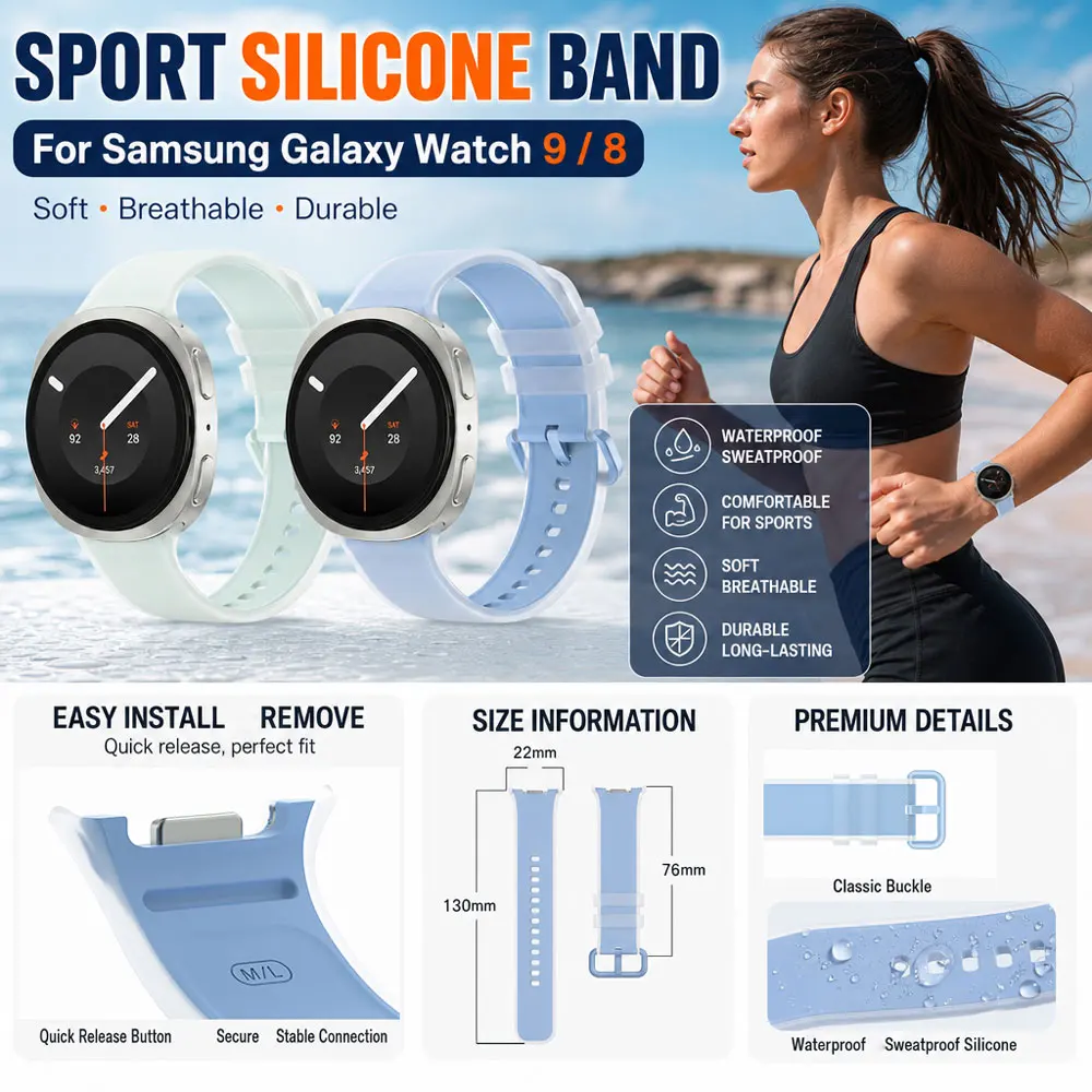 Silicone Band Strap for Samsung Galaxy Watch 9 Waterproof Heat-resistant Perfect Band for Galaxy Watch 8 Lightweight and Durable