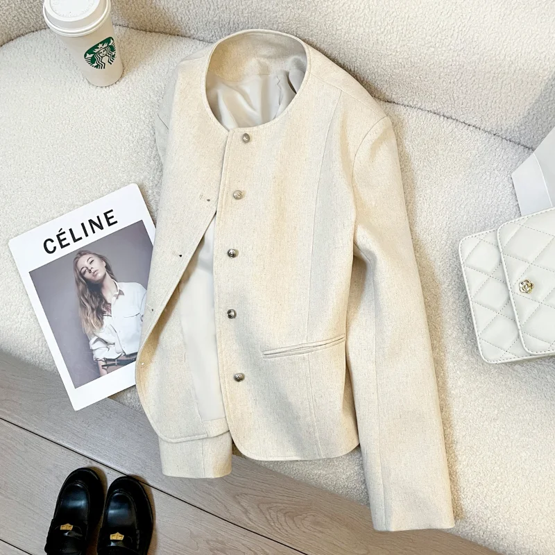 

White Small Fragrance Long-sleeved Round Neck Short Coat Women's New Elegant Basic Simple Fashion French Chic Office Lady Jacket
