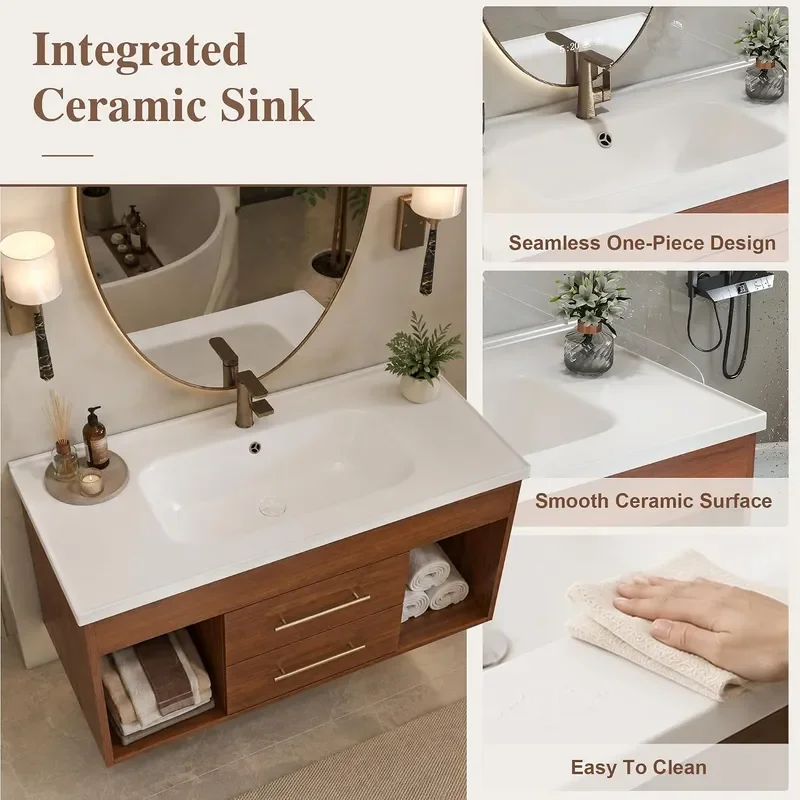 36 Inch Floating Bathroom Vanity with Sink Walnut Cabinet Ceramic Sink