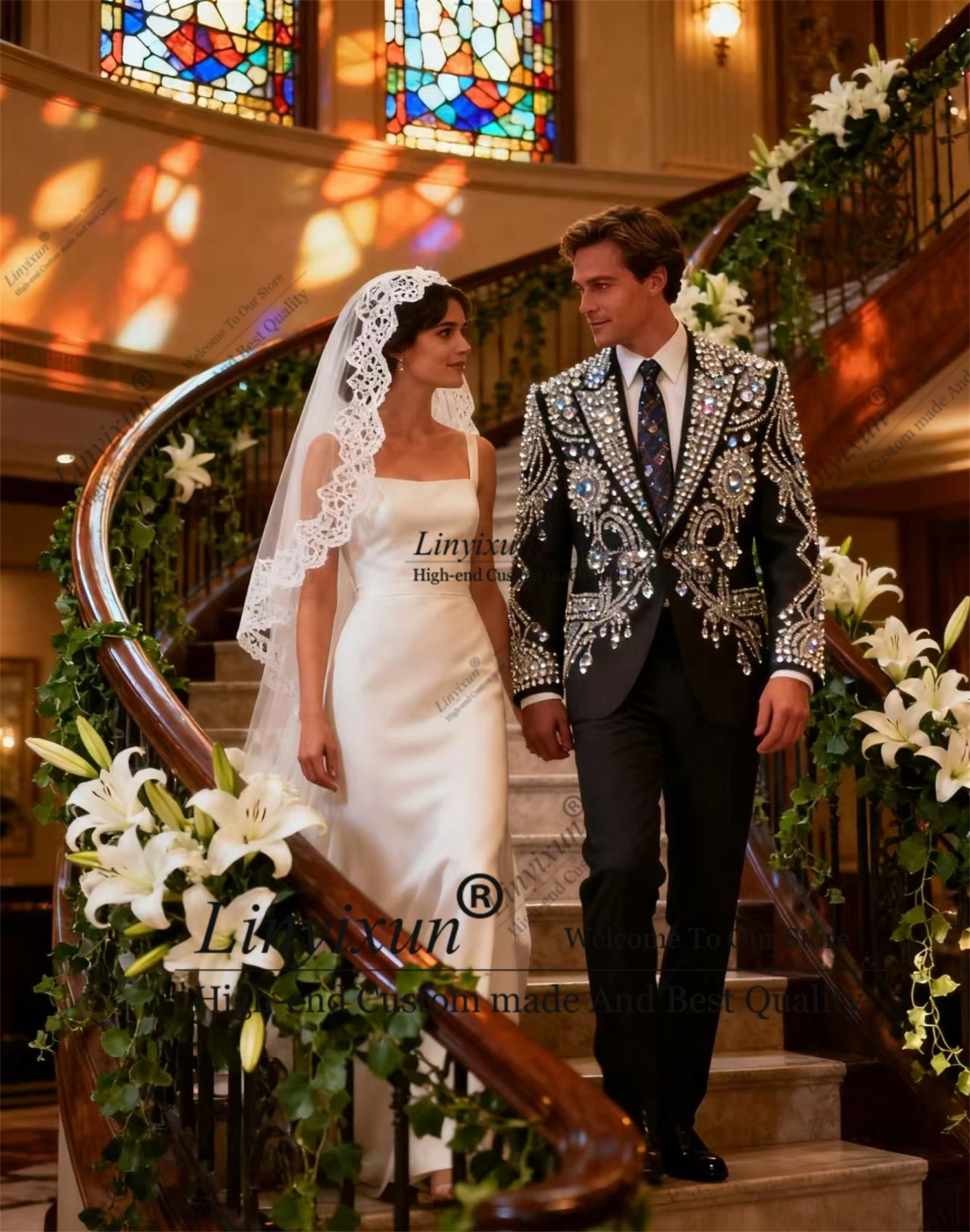 

Мужские костюмы в стиле ретро, комплекты из 2 предметов, мужской пиджак для выпускного вечера, индивидуальный тонкий Ropa Hombre, блестящие смокинги для жениха со стразами и бисером