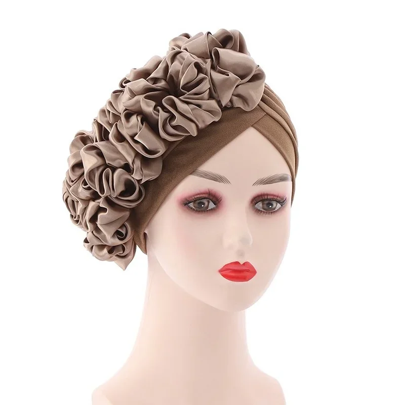 African Big Flower Turban For Women Muslin Hajabs Hat Pleated Beanie Headwrap Caps Islamic Indian Ladies Fashion Bonnet Headwear