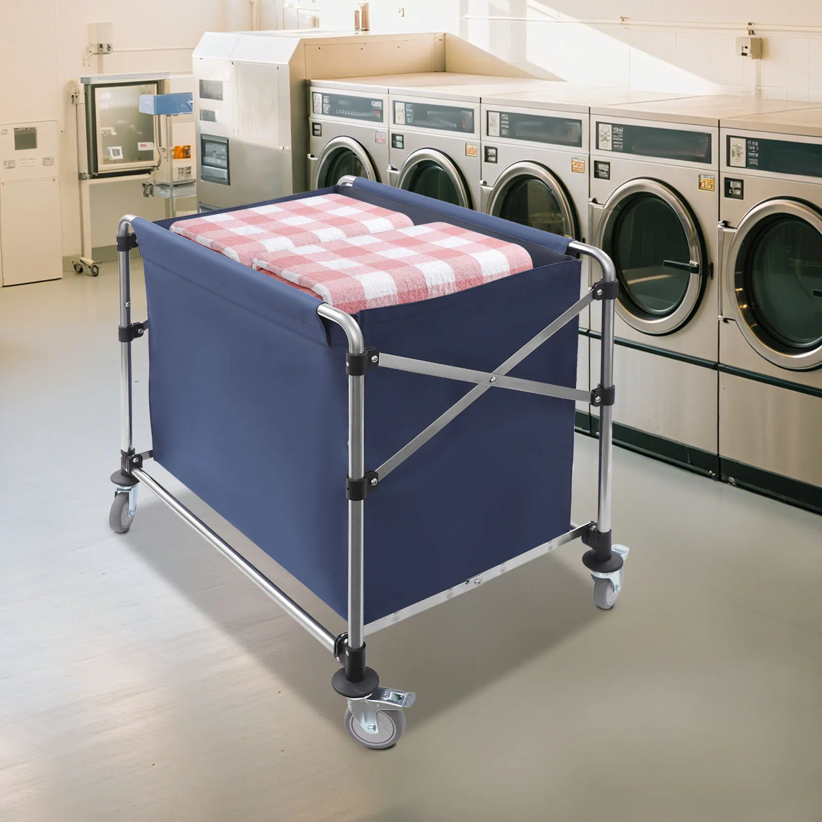 Commercial Laundry Cart with Wheels,Large Capacity Stainless Laundry Basket,Laundry Sorter for Clothes Storage,220 lbs Load,Blue